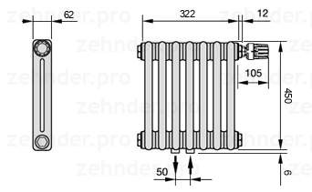 Схема (чертеж) Радиатор Zehnder Charleston 2045/7 №V008 Белый глянцевый RAL 9016